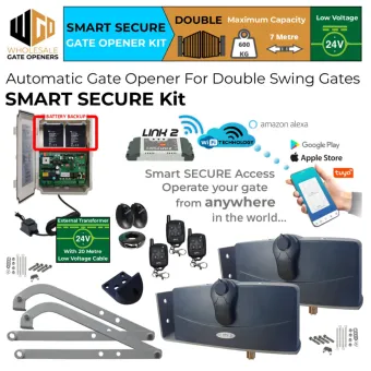 Double Swing Gate Opener Smart Secure Kit with APC-790 Forward/Side Mount Extra Heavy Duty Articulated System, WiFi Switch, Safety Sensors, Battery Backup and 24V External Transformer, 20m Low Voltage Cable | Electric Gate Automation System With Adjustable Limit Switches for Double Swing Automatic Driveway Gates