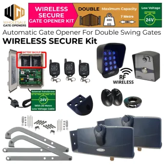 Double Swing Gate Opener Wireless Secure Kit with Wireless Keypad and Push Button for Gate Entry and Exit, APC-790 Forward/Side Mount Extra Heavy Duty Articulated System, 24V External Transformer, 20m Low Voltage Cable, Safety Sensors and Battery Backup | Electric Gate Automation System With Adjustable Limit Switches for Double Swing Automatic Driveway Gates