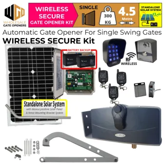 Solar Powered Single Swing Gate Opener Wireless Secure Kit with APC-790 Forward/Side Mount Extra Heavy Duty Articulated System, Safety Sensors, Battery Backup and Wireless Keypad and Push Button for Gate Entry and Exit | Electric Gate Automation System With Adjustable Limit Switches for Single Swing Automatic Driveway Gates