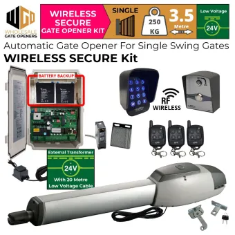 Single Swing Driveway Gate Opener Wireless Secure Kit with Retro Reflective Safety Sensor, Wireless Keypad and Push Button, APC-T700TL Extra Heavy Duty Linear Actuator, Battery Backup and 24V External Transformer and 20m Low Voltage Cable | Electric Gate Automation System With Adjustable Top Limits for Single Swing Automatic Driveway Gates