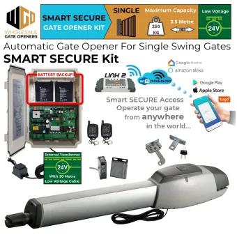 Single Swing Driveway Gate Opener Smart Secure Kit with Wi-Fi Switch, Safety Sensors, Battery Backup, APC-T700TL Extra Heavy Duty Linear Actuator and 24V External Transformer and 20m Low Voltage Cable | Electric Gate Automation System With Adjustable Top Limits for Single Swing Automatic Driveway Gates