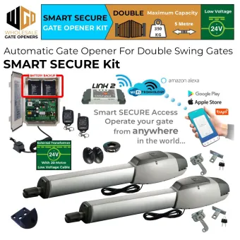 Double Swing Driveway Gate Opener Smart Secure Kit with Wi-Fi Switch, Safety Sensors, Battery Backup, APC-T800TL Extra Heavy Duty Linear Actuator and 24V External Transformer and 20m Low Voltage Cable | Electric Gate Automation System With Adjustable Top Limits for Double Swing Automatic Driveway Gates