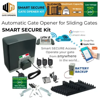 Automatic Electric Sliding Gate Opener Smart and Secure Kit with External 24V Transformer, Battery Backup, WIFI Remote Smart Switch, Safety Sensor, Remote Controls, Italian Made Sliding Gate Opener AC to 24V DC Super Duty 1000kg and 10m Capacity.