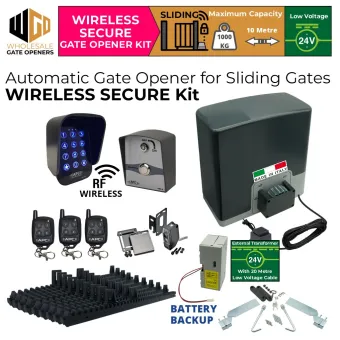 Automatic Electric Sliding Gate Opener Wireless Secure Kit with  External 24V Transformer, Battery Backup, Safety Sensor, Wireless Keypad and Push Button Switch, Remote Controls, Italian Made Sliding Gate Opener AC to 24V DC Super Duty 1000kg and 10m Capacity.