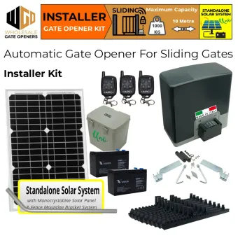 Solar Electric Automatic Sliding Gate Opener DIY Kit with Italian Made Sliding Gate Opener AC to 24V DC Super Duty 1000kg and 10m Capacity and Standalone Off Grid Solar Power System.