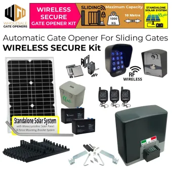 Solar Electric Automatic Sliding Gate Opener Wireless Secure Kit with Safety Sensor, Wireless Keypad and Push Button Switch, Remote Controls, Italian Made Sliding Gate Opener AC to 24V DC Super Duty 1000kg and 10m Capacity and Standalone Off Grid Solar Power System.