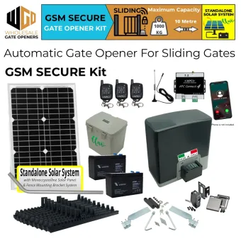 Solar Electric Automatic Sliding Gate Opener GSM Kit with 4G Network Receiver, Safety Sensor, Remote Controls, Italian Made Sliding Gate Opener AC to 24V DC Super Duty 1000kg and 10m Capacity and Standalone Off Grid Solar Power System.