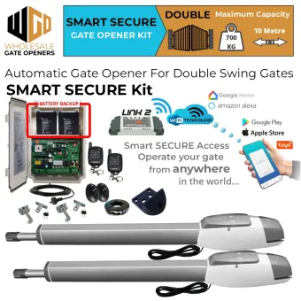 Double Swing Driveway Gate Opener Smart Secure Kit with Wi-Fi Switch, APC-T850TL Extra Heavy Duty Long Stroke Linear Actuator, Safety Sensors and Battery Backup | Electric Gate Automation System With Adjustable Top Limits for Double Swing Automatic Driveway Gates