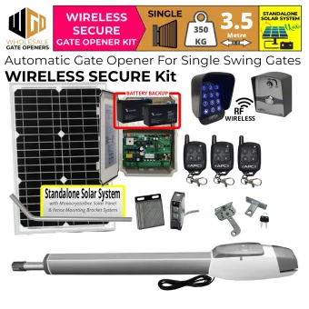 Standalone Solar OFF Grid Single Swing Driveway Gate Opener Wireless Secure Kit with APC-T750TL Extra Heavy Duty Long Stroke Linear Actuator, Retro Reflective Safety Sensor, Wireless Keypad and Push Button for Gate Entry and Exit | Electric Gate Automation System With Adjustable Top Limits for Single Swing Automatic Driveway Gates