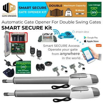 Double Swing Driveway Gate Opener Smart Secure Kit with Wi-Fi Switch, Safety Sensors, Battery Backup, APC-T850TL Extra Heavy Duty Long Stroke Linear Actuator and 24V External Transformer and 20m Low Voltage Cable | Electric Gate Automation System With Adjustable Top Limits for Double Swing Automatic Driveway Gates