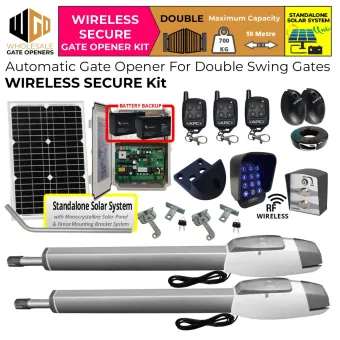 Standalone Solar OFF Grid Double Swing Driveway Gate Opener Wireless Secure Kit with APC-T850TL Extra Heavy Duty Long Stroke Linear Actuator, Safety Sensor, Wireless Keypad and Push Button for Gate Entry and Exit | Electric Gate Automation System With Adjustable Top Limits for Double Swing Automatic Driveway Gates