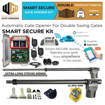 Automatic Double Swing Gate DIY Smart Secure Kit with Extra Long Stroke Length Linear Actuator, Wi-Fi Switch, Safety Sensors and Battery Backup | All Metal Gear Heavy Duty Gate Opener Motor, Remote Controls for 24V Electric Swing Gate Automation