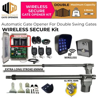 Automatic Double Swing Gate DIY Wireless Secure Kit with Extra Long Stroke Length Linear Actuator, Safety Sensor, Wireless Keypad and Push Button for Gate Entry and Exit and Battery Backup | All Metal Gear Heavy Duty Gate Opener Motor, Remote Controls for 24V Electric Swing Gate Automation