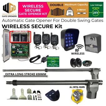 Automatic Double Swing Gate Wireless Secure Kit with Extra Long Stroke Length Linear Actuator, 24V External Transformer and 20m Low Voltage Cable, Safety Sensor, Wireless Keypad and Push Button for Gate Entry and Exit and Battery Backup | All Metal Gear Heavy Duty Gate Opener Motor, Remote Controls for 24V Electric Swing Gate Automation