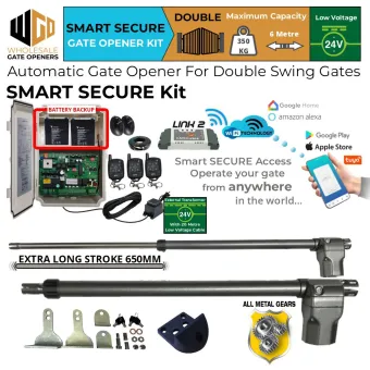 Automatic Double Swing Gate DIY Smart Secure Kit with Extra Long Stroke Length Linear Actuator, Wi-Fi Switch, Safety Sensors, Battery Backup, 24V External Transformer and 20m Low Voltage Cable | All Metal Gear Heavy Duty Gate Opener Motor, Remote Controls for 24V Electric Swing Gate Automation