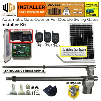 Standalone Solar OFF Grid Automatic Double Swing Gate Kit with Extra Long Stroke Length Linear Actuator, All Metal Gear Heavy Duty Gate Opener Motor, Remote Controls for 24V Electric Swing Gate Automation