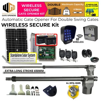 Standalone Solar OFF Grid Automatic Double Swing Gate Wireless Secure Kit with Extra Long Stroke Length Linear Actuator, Safety Sensor, Wireless Keypad and Push Button for Gate Entry and Exit | All Metal Gear Heavy Duty Gate Opener Motor, Remote Controls for 24V Electric Swing Gate Automation