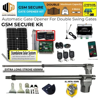 Standalone Solar OFF Grid Automatic Double Swing Gate GSM Secure Kit with Extra Long Stroke Length Linear Actuator, 4G Network Receiver Control and Safety Sensors. | All Metal Gear Heavy Duty Gate Opener Motor, Remote Controls for 24V Electric Swing Gate Automation