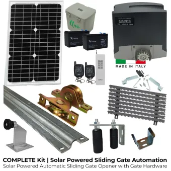 Sliding Driveway Solar Powered Gate Automation and Hardware Complete Kit From 3.5m Up To 10m With (Standalone Electric Powered with Solar Panel and Battery) Remote Access Control 500KG Capacity Italian Made Heavy Duty Automatic Sliding Gate Opener System and Sliding Gate Hardware Set (Wheels, Rollers with Bracket Set, Gate Receiver Catcher, Gate Stop, Gate Track with Anchor Nails and Gear Rack with Bolts and Washers).