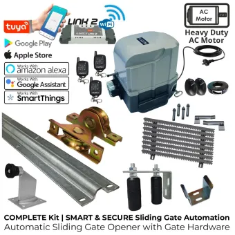 Sliding Driveway Gate Opener Automation and Hardware Complete Kit From 3.5m Up To 6m With Smart Access Control 800Kg APC Typhoon Heavy Duty Sliding Gate Opener, Dual Relay WI-FI Remote Smart Switch With Free Smartphone APP, Remote Controls, Safety Sensor and Sliding Gate Hardware Set (Wheels, Rollers with Bracket Set, Gate Receiver Catcher, Gate Stop, Gate Track with Anchor Nails and Gear Rack with Bolts and Washers).